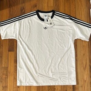 adidas White Short-Sleeve Trefoil Tee with Black Stripes